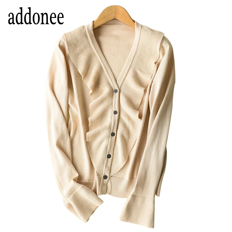 New Design Autumn Winter Women Cashmere Cardigan Wild Solid Color Coat wool casual Ruffles Sweater |