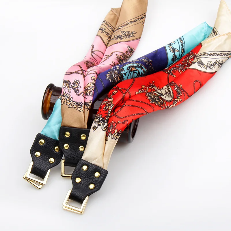 MDNEN 1PCS Silk Scarf Strip Bracelets 42*2.5cm Genuine Leather Double-layer For Women Hand Bag Accessories ZPS10 | Украшения и