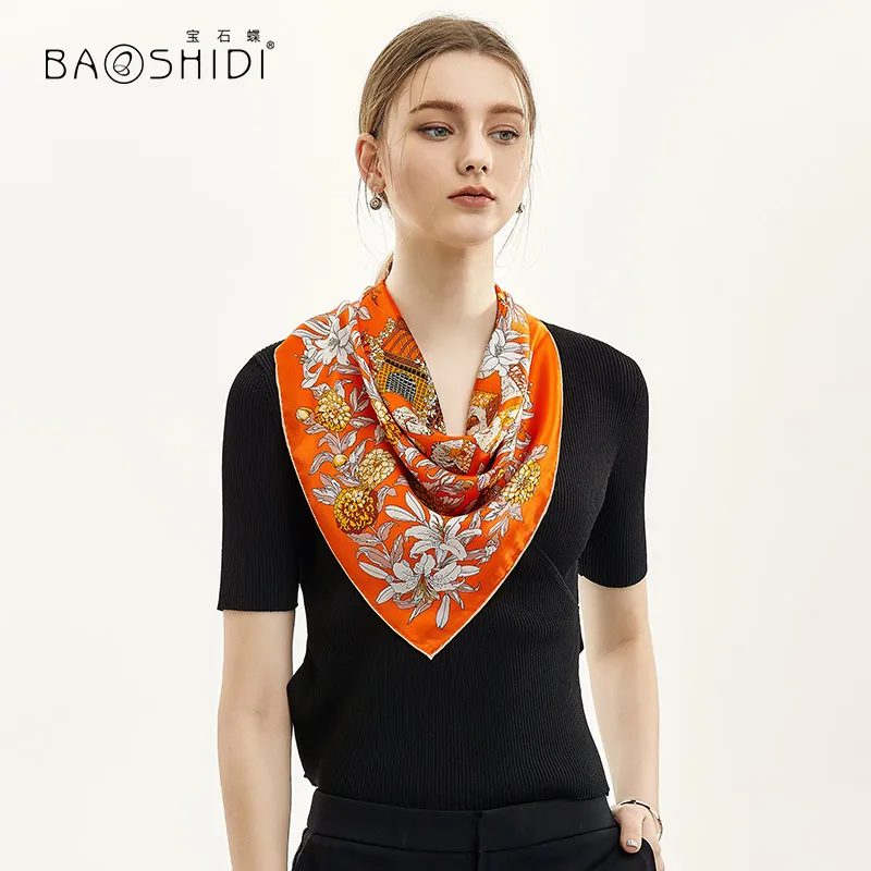 [BAOSHIDI] модные шарфы для шеи, шелковый шарф для женщин, женский весенний платок из чистого шелка, ручная работа, шарф с ручным принтом - Цвет: 1022182093