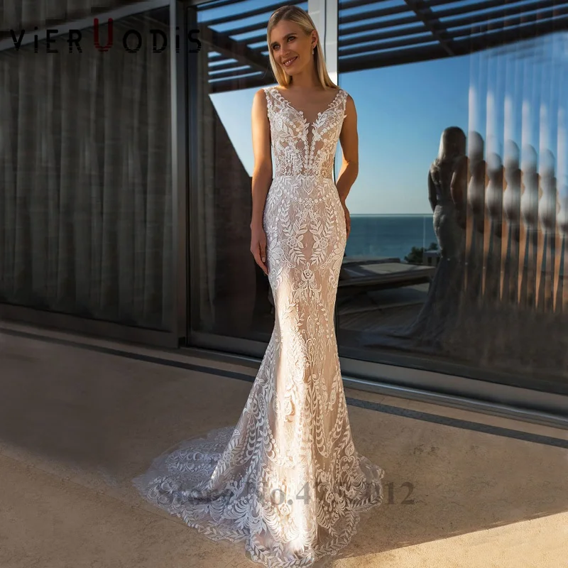 Женское свадебное платье русалка без рукавов с v образным вырезом кружевной