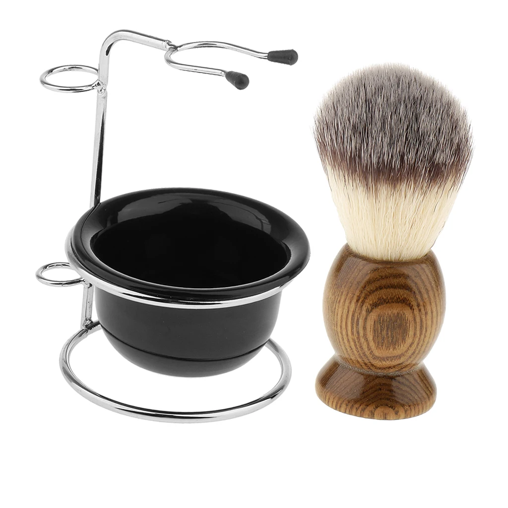 Set of 3 Pieces Natural Wood Shaving Brush + Stainless Steel Holder Stand Rack Mens Shave Soap Cream Mug Bowl Kit | Красота и