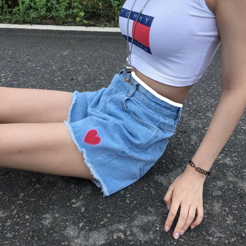 2018 новые женские летние шорты с милой вышивкой сердца джинсовые короткие высокой