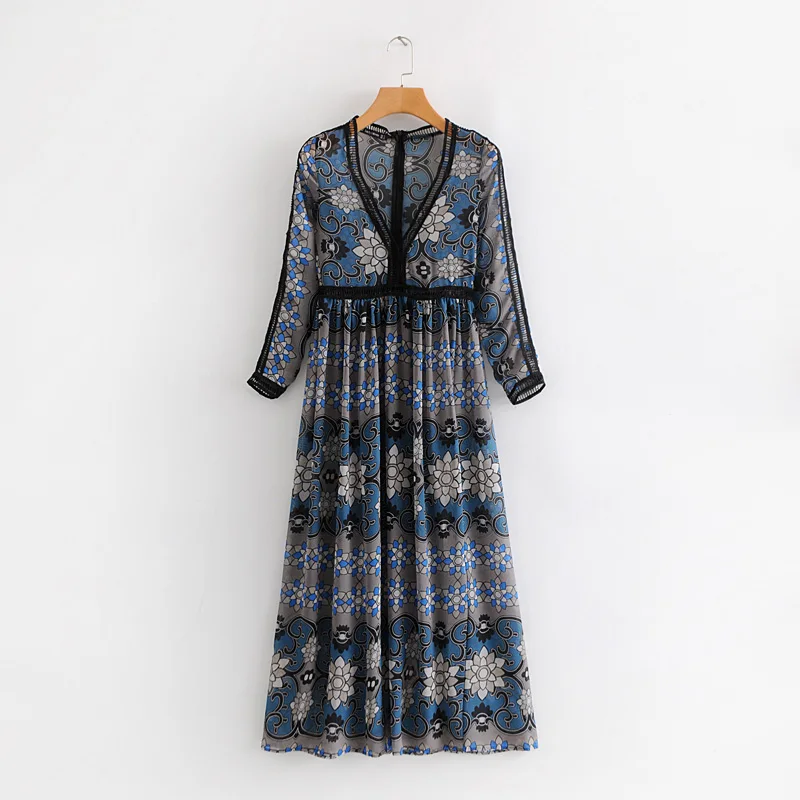 Женская мода v шеи выдалбливают кружева лоскутное Макси платье элегантные дамы