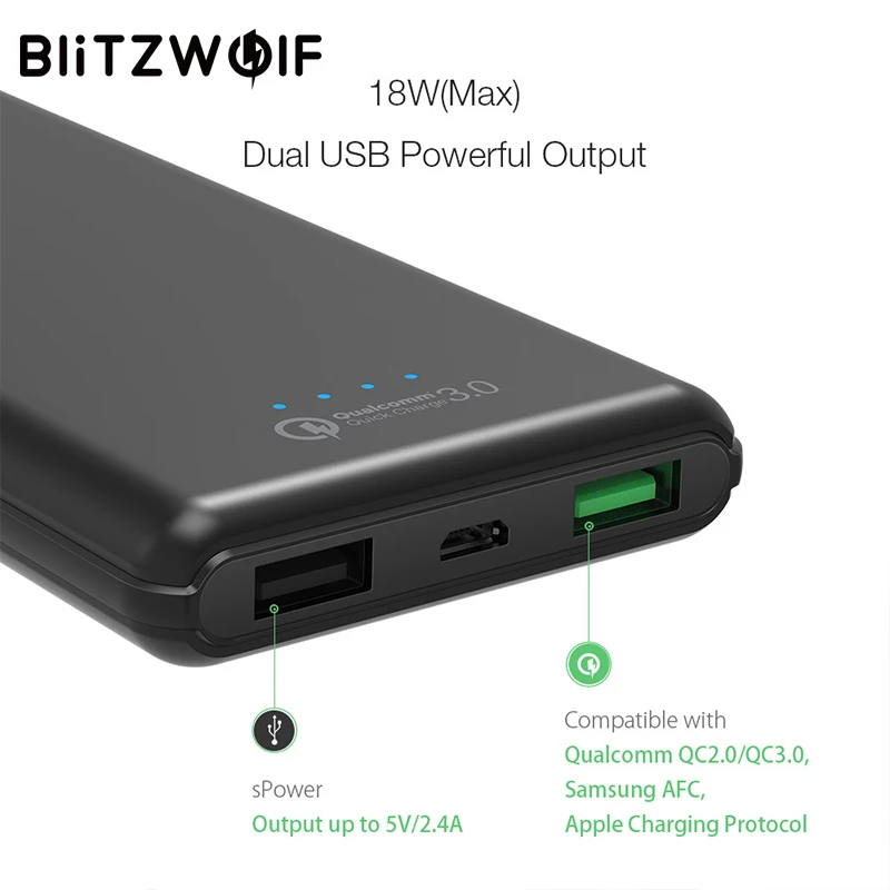 BlitzWolf 10000 мАч QC3.0 power Bank Dual USB зарядное устройство 18 Вт полимерное быстрое Внешний