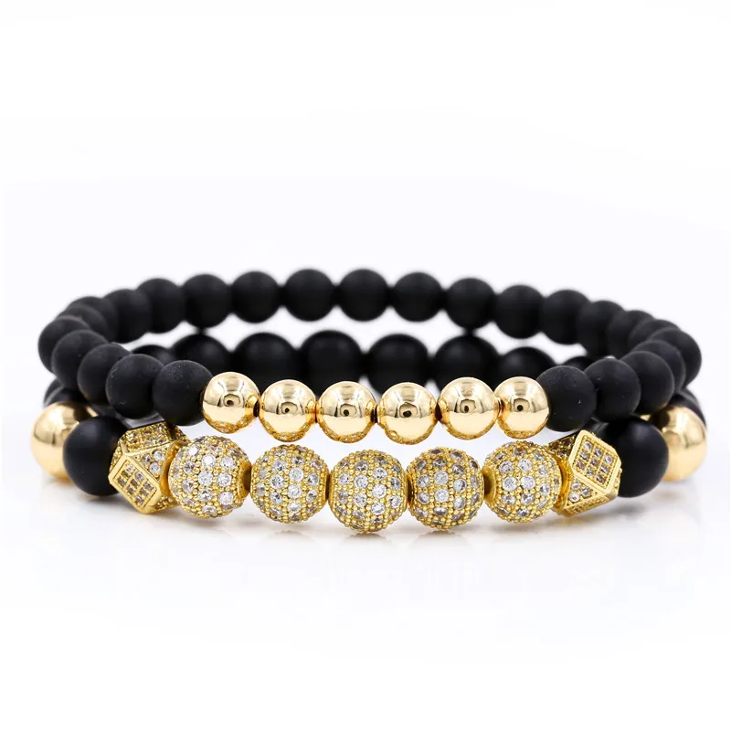 

Bead Bracelets Sets For Men Women 2PCS/set 8/6mm Black Matte Stone Beaded Pave CZ Ball Polygon Charm Couple Bracelet Jewelry