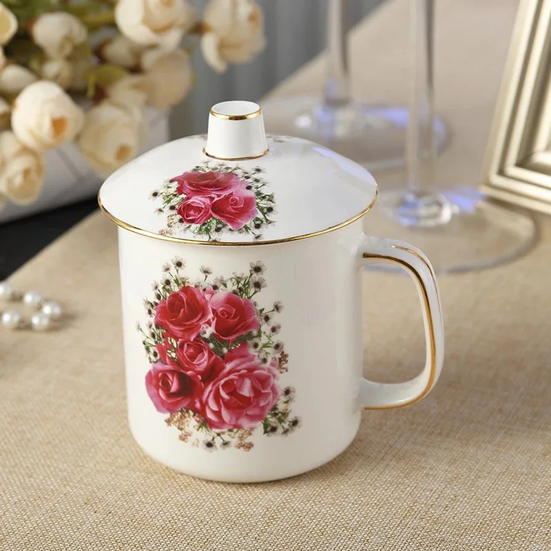 350 мл белая розовая чашка из твердого английского фарфора с крышкой и ложкой