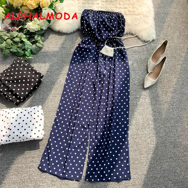 Женский пляжный комбинезон ALPHALMODA без бретелек в горошек с широкими штанинами