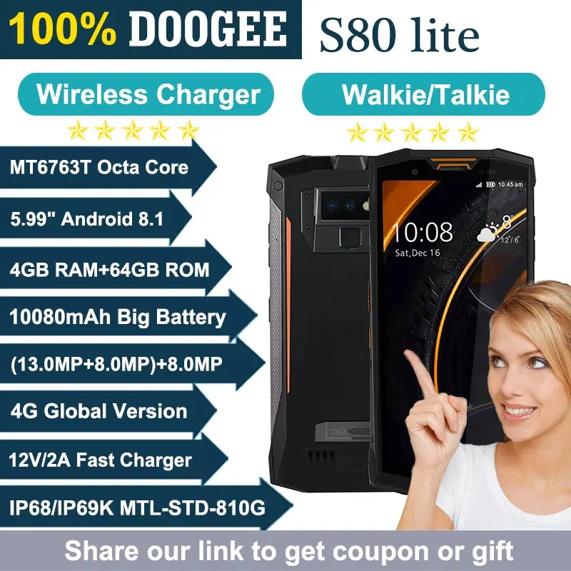Doogee S80 lite IP68 водонепроницаемый смартфон 5 99 &quotFHD MT6763 Восьмиядерный 4G + 64G NFC 13MP