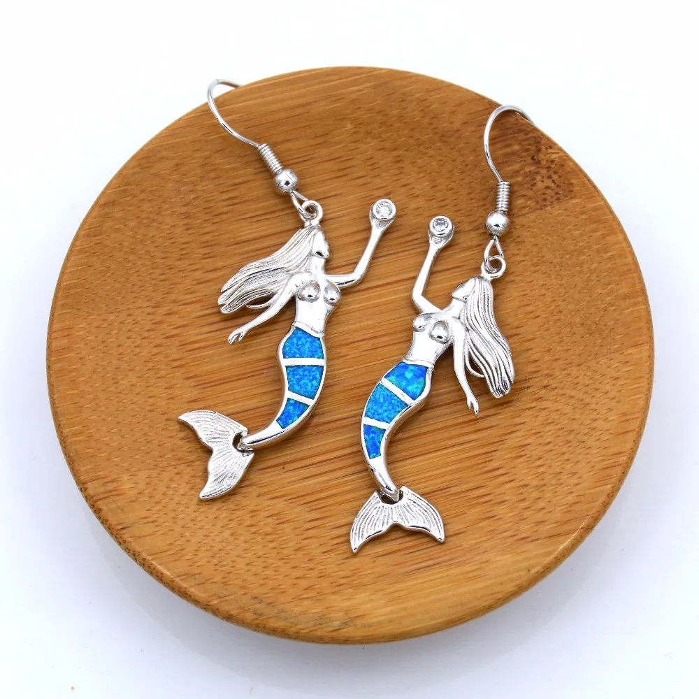 Милые серьги русалка с лабораторным голубым опалом|mermaid earrings|earrings earringblue opal earrings |