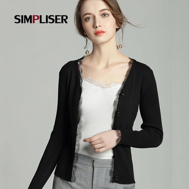 Кардиганы для женщин SIMPLISER 2018 хлопковый черный женский свитер кружевные женские