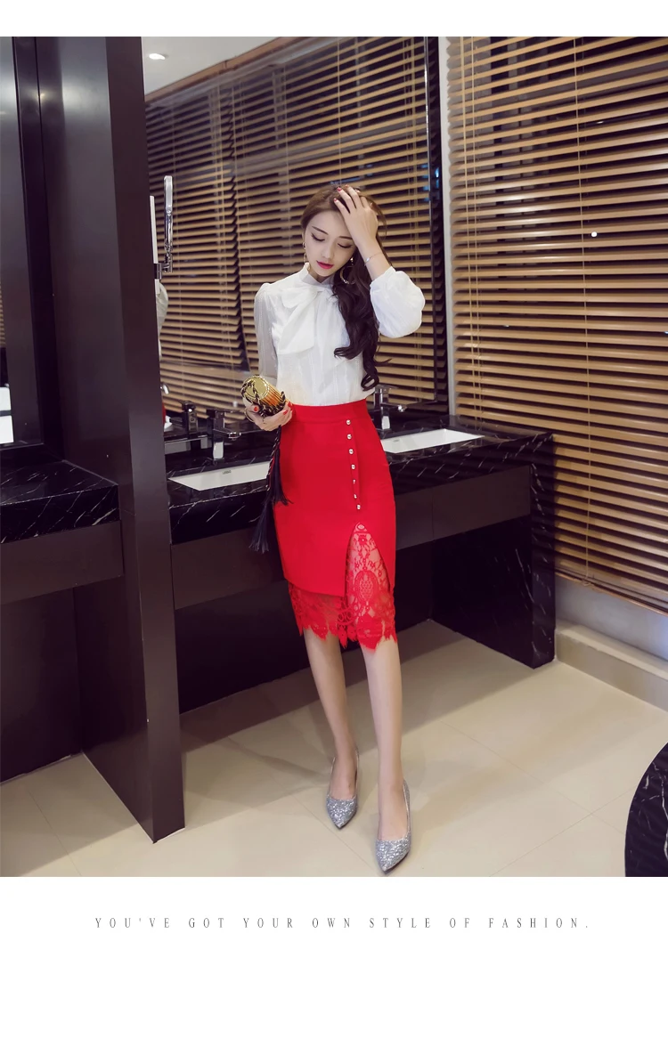 New Women Side Beading Lace Stitching Skirts Elegant High Waist Office Business OL Skirts Stretch Plus Size Midi Skirts Women