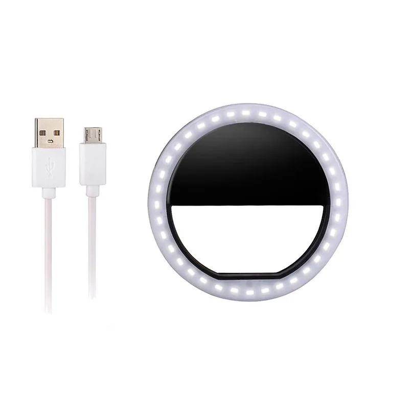 Black Kogngu Usb Charging Selfie Ring Led Light Lamp Mobile Phone Lens LED Selfie Lamp Ring Flash for Iphone for Samsung Xiaomi - Color: Black