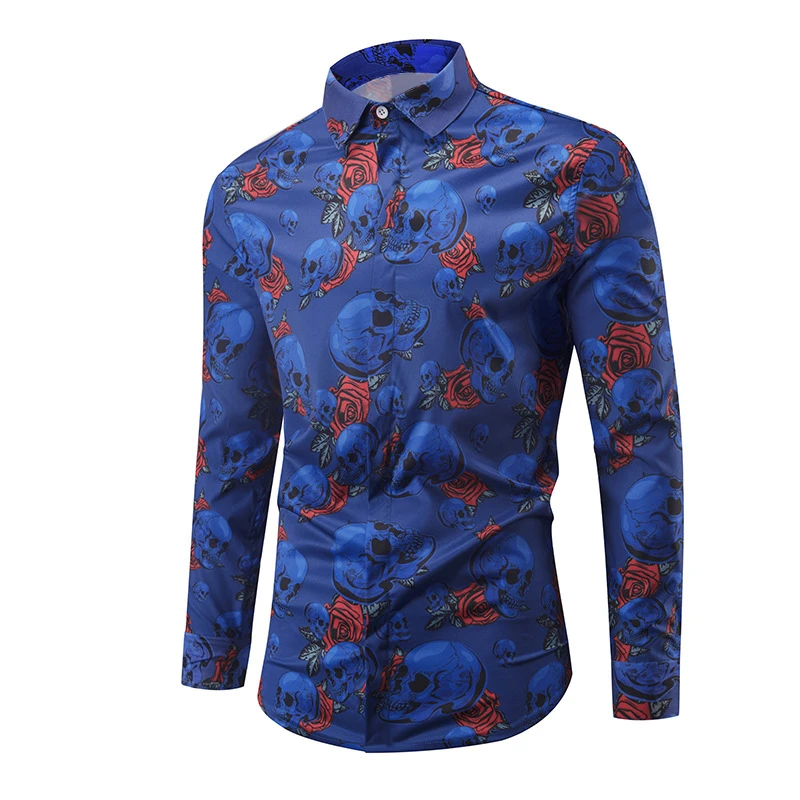 Skull Rose Floral Shirts Men Long Sleeve Slim Fit 3D Casual Tops Camisas Hombre Autumn Shirt Chemise Male Clothing | Мужская одежда
