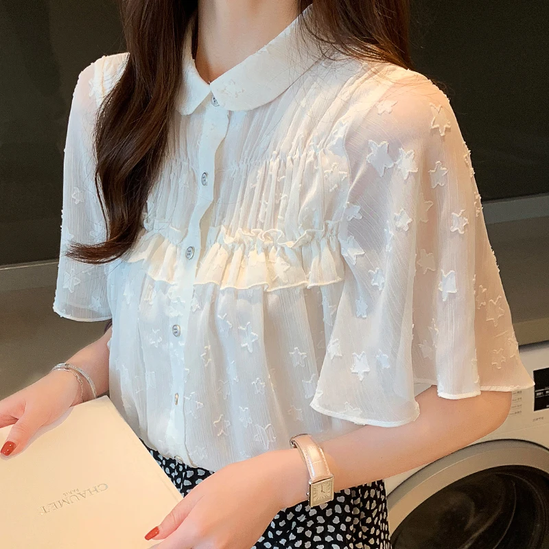

AIYANGA Fashion Woman Blouses 2019 Summer New Chiffon Blouse Butterfly Sleeve Blouses Shirt Women Pleated Shirt Tops Quality