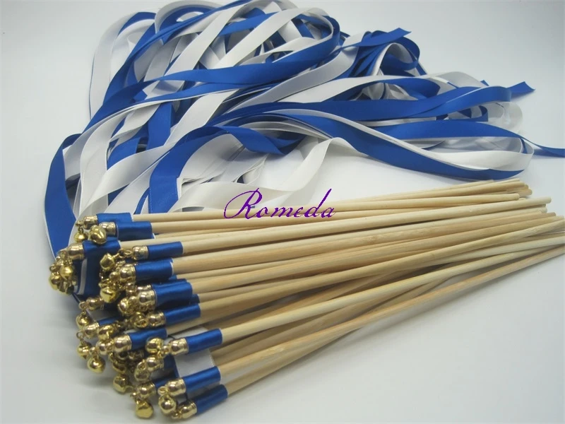 50pcs/lot Newest  royal blue ivory wedding ribbon stick with gold bell  ribbon Twirling Streamers,ribbon wands