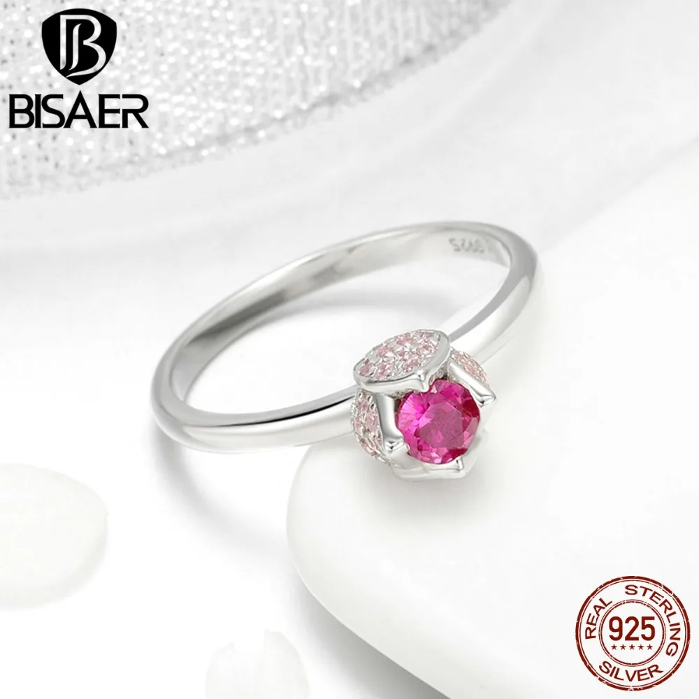 BISAER 925 пробы Серебряное романтическое кольцо в виде цветка розы для женщин розовые CZ цветочные бутоны кольцо на палец Свадебные серебряные украшения ECR455