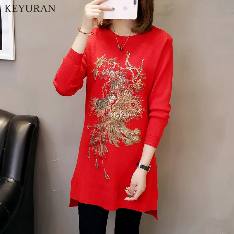 2018 осень-зима Новая мода павлин вышивка блестками Для женщин Вязание свитера