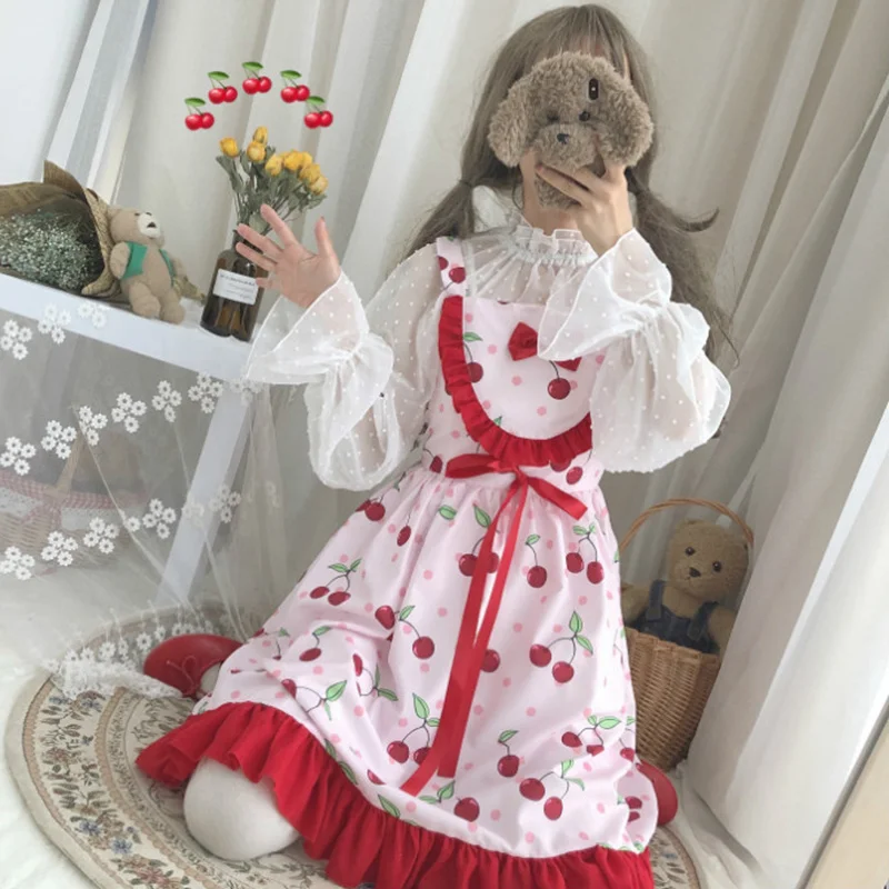 Японский стиль Kawaii Лолита платье для женщин Весна Лето клубника вишня Принт Сарафан подростковое платье с рюшами без рукавов