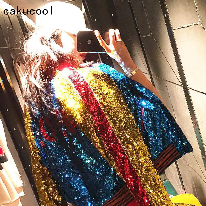 

Cakucool Spring Women Heavy Sequined Coat Rainbow Letter Jacket Chic Bling Coat Tunic Loose Casual Female Bomber Jackets Outwear