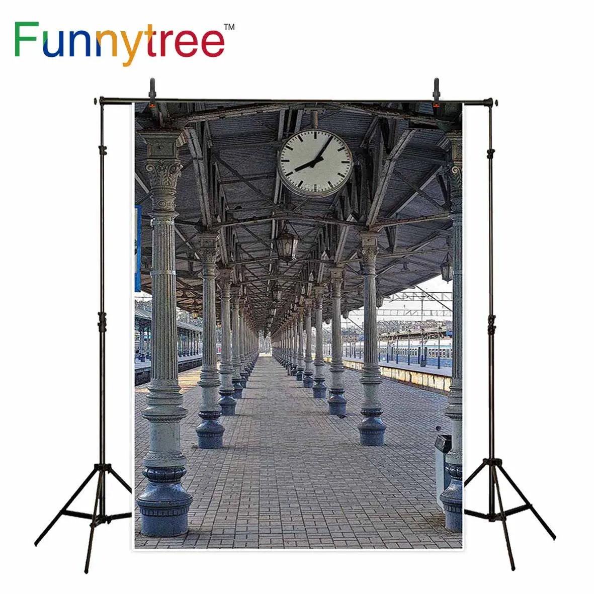 

Funnytree backgrounds for photography studio Platform train pillar clock nature professional backdrop photocall photobooth