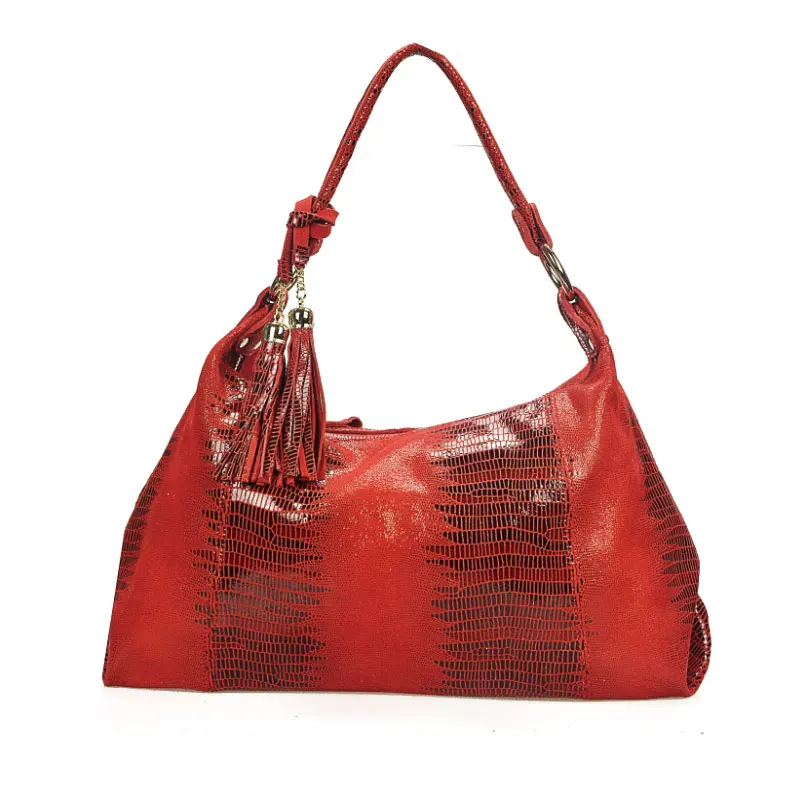 Fashion Smake Texture Women Genuine Leather Handbags Female Serpentine Prints Shoulder Bag Large Lady Tassel Crossbody Bag