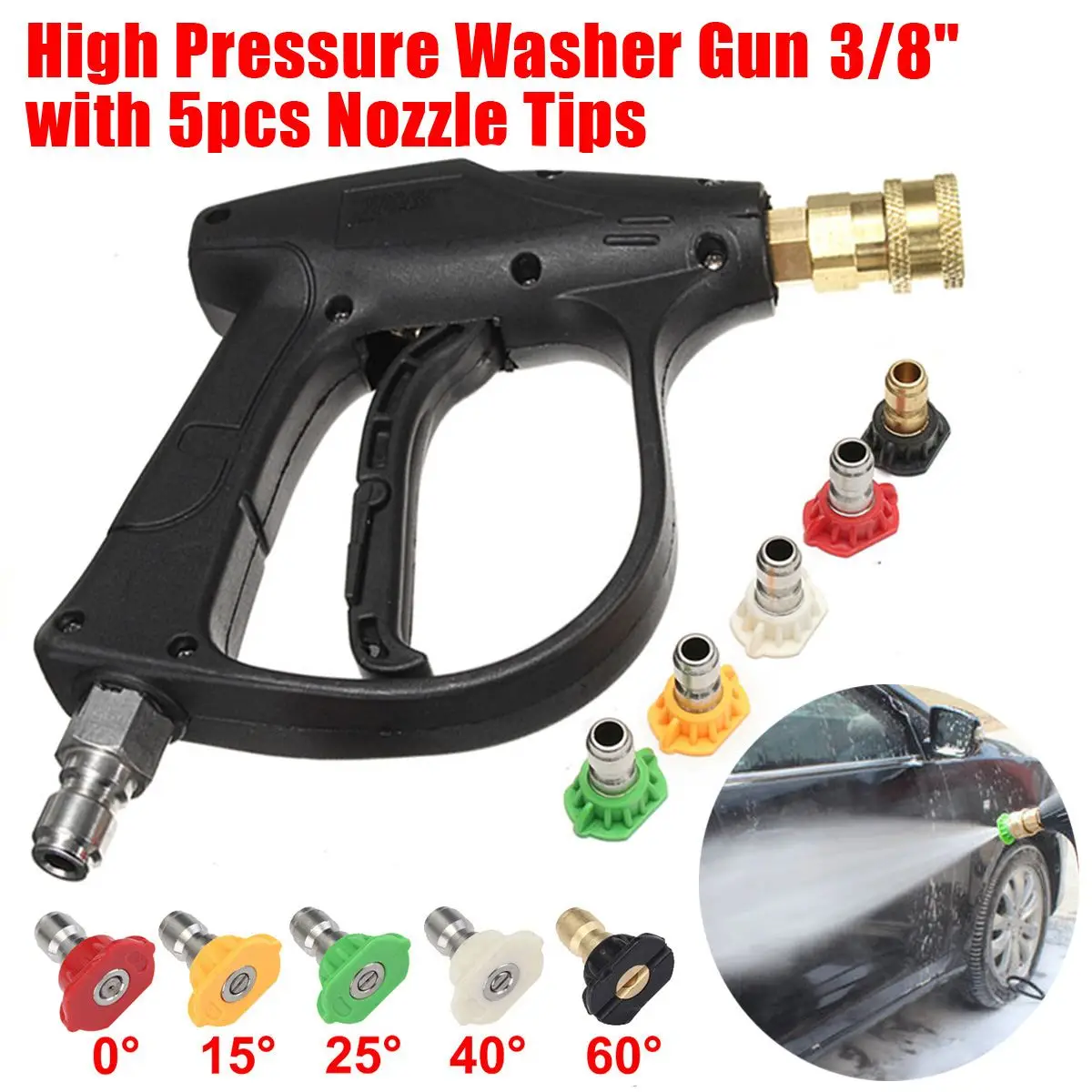 

3000psi High Pressure Water Guns 3/8" 1/4" Quick Connect Adapter with 5 Nozzle Tips for Karcher High Pressure Washer Car Washer
