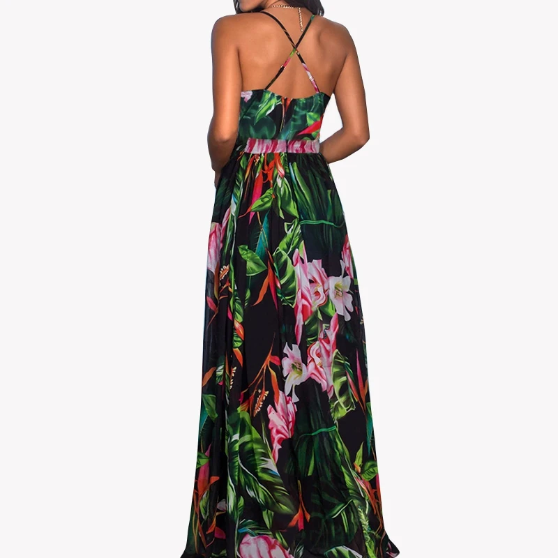 Женское длинное платье макси с цветочным принтом летнее перекрестной спинкой