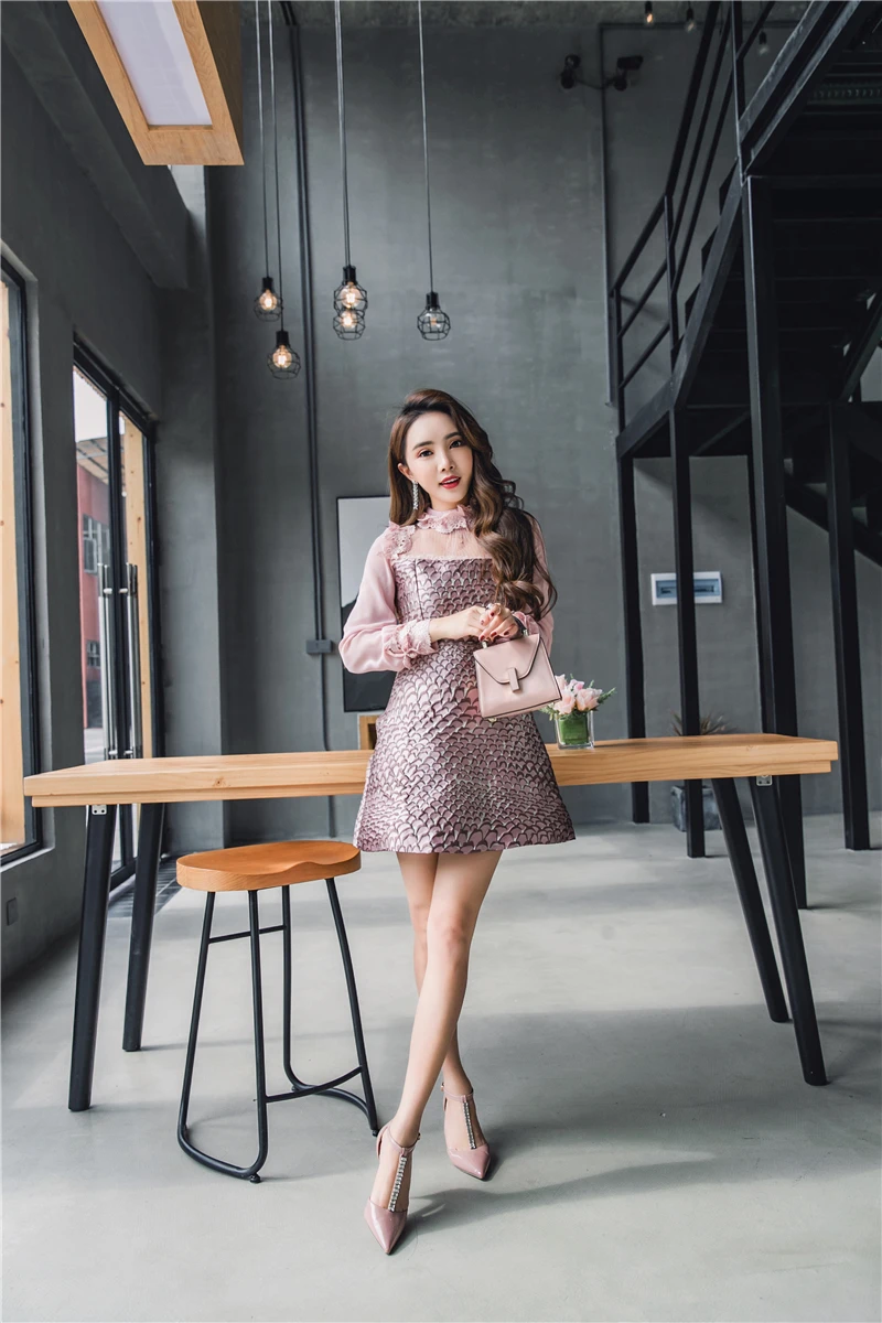 SMTHMA/жаккардовое платье; коллекция года; Vestido; весеннее кружевное винтажное модное розовое платье принцессы в стиле пэчворк с оборками и длинными рукавами