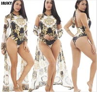 iasky 2pcsset beach cover upsswimsuit set 2019 new retro print bathing suit cover up and high neck swimsuit women beach wear
