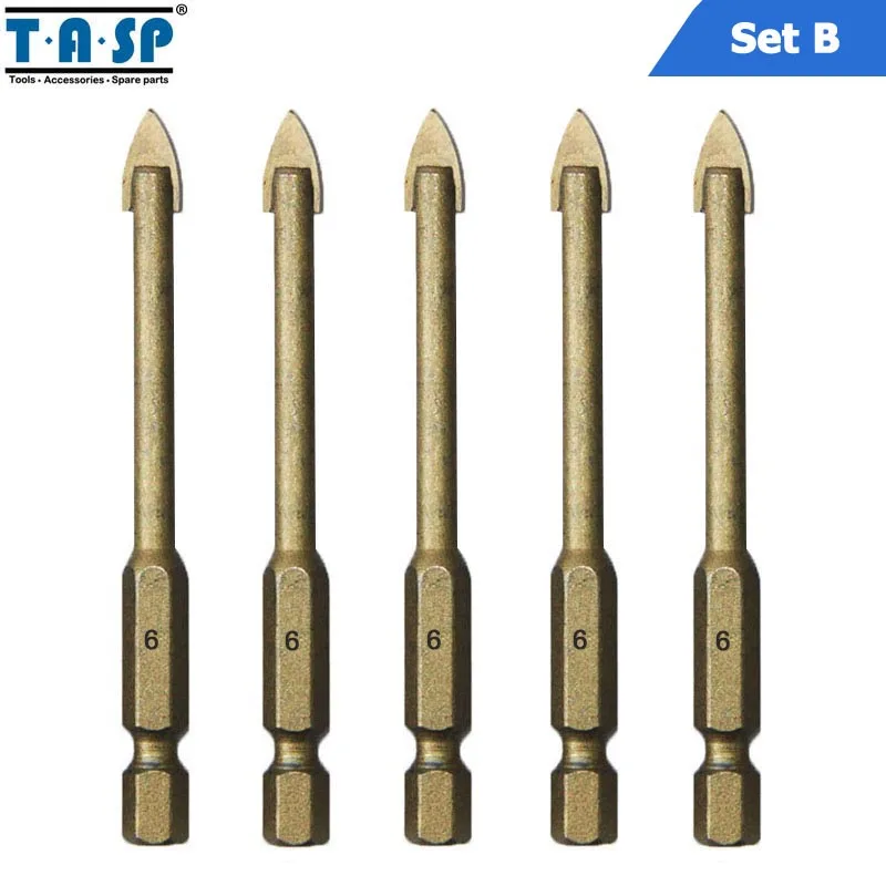 Set B(5PC ) TASP, 5 шт., 6 мм, Керамический Резак для плитки, набор сверл для стекла с титановым покрытием, 1/4 дюйма, шестигранный хвостовик, аксессуары для электроинструментов - Цвет: Set B(5PC )