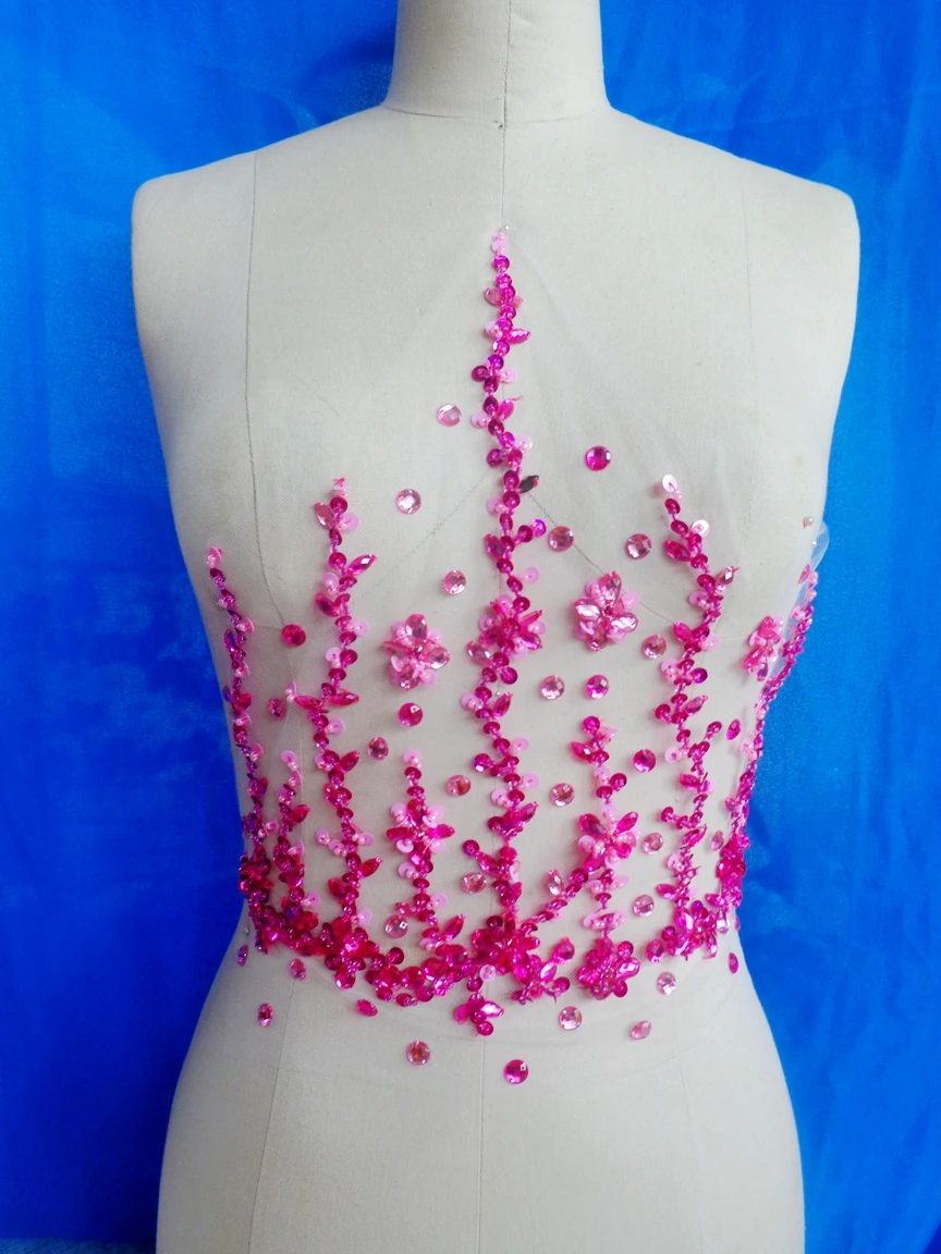 

Handmade rose red/pink colour crystal patches sew on trim Rhinestones applique with stones sequins beads 32*32cm for dress