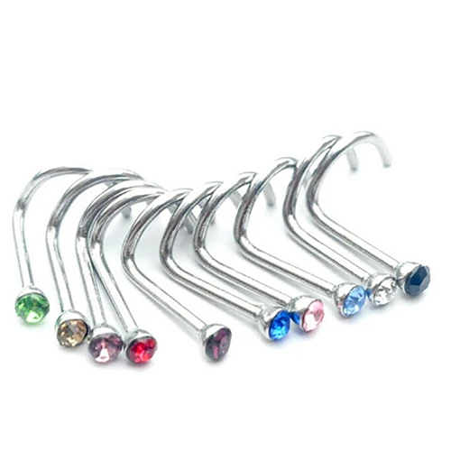 New Arrival 20Pcs Mixed Color Body Piercing Stainless Steel Rhinestone Nose Ring Bone Stud |