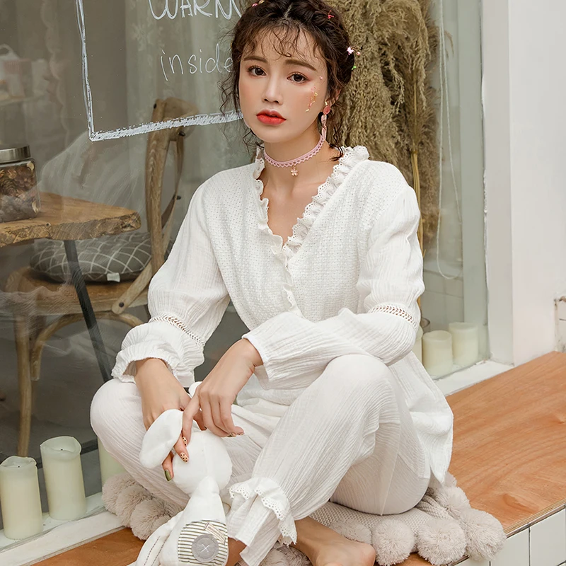 

Pregnancy nightwear long sleeve thin Top+Trousers maternity and nursing set lace sleepwear pregnant women's lactation nightgown