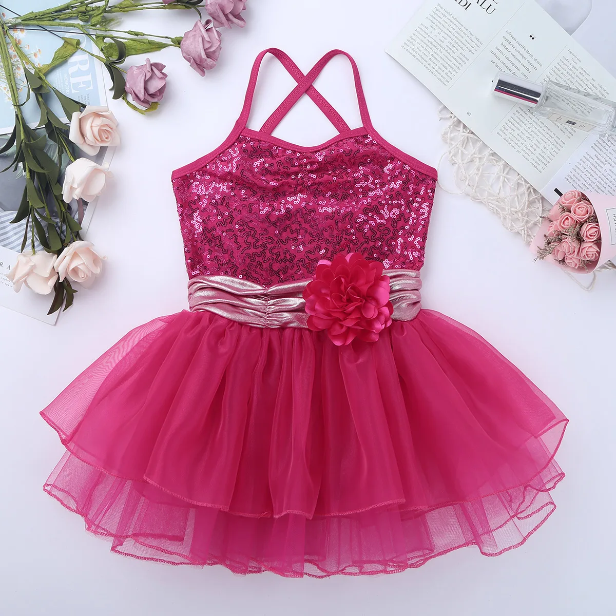 TiaoBug Kids Girls Sequins Stage Dance Costume Children Flower Ballet Leotard Spaghetti Straps Professional Tutu Dress | Тематическая