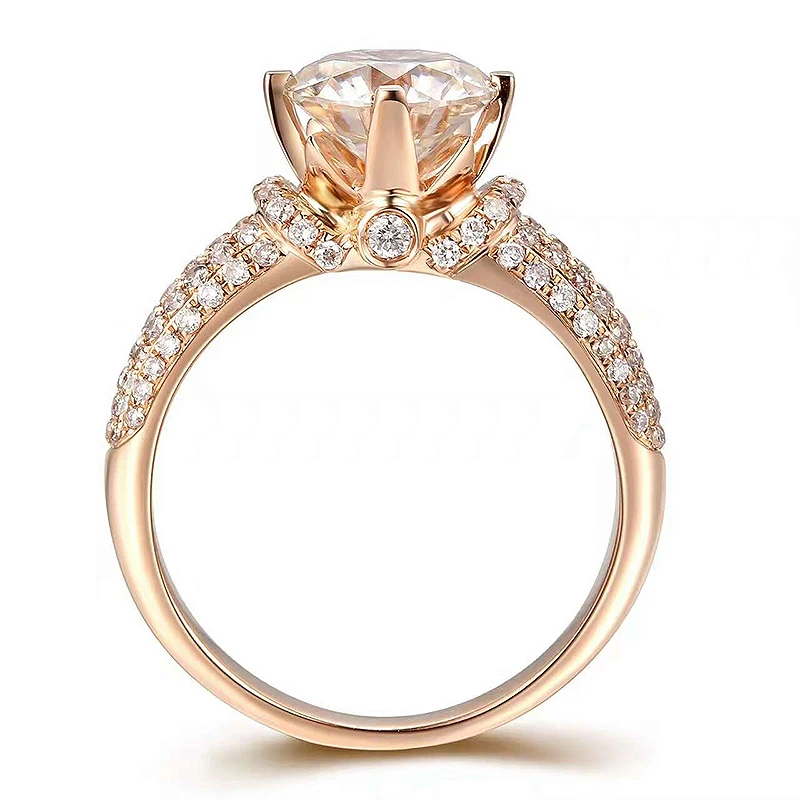 Solid 18K Yellow Gold Center 1CT Moissanite Round Cut Ring Side Stone Lab Grown Diamond Wedding For Jewelry Women | Украшения и