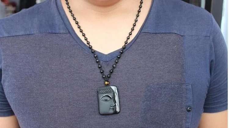 Винтажное ожерелье obsidian с черным нефритом кулон в виде головы Будды для женщин и