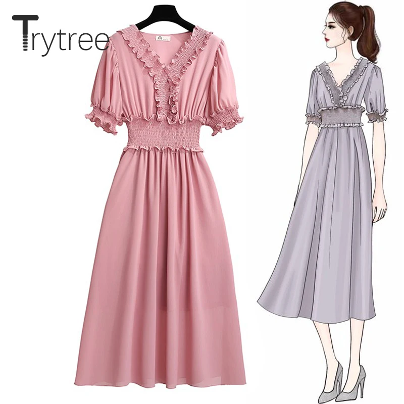 Женское платье трапеция Trytree повседневное однотонное до середины икры с оборками