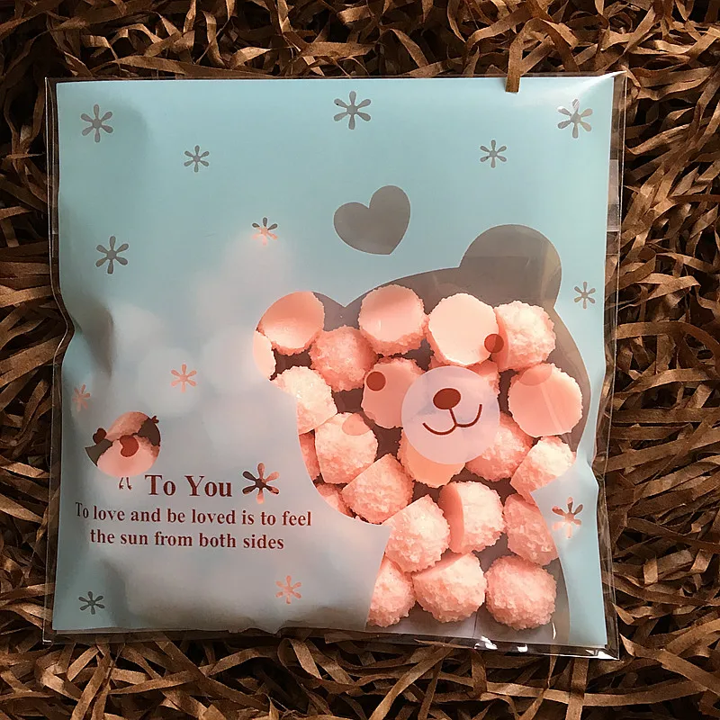 100 шт./лот упаковочный пакет для печенья с голубым медведем пластиковые пакеты