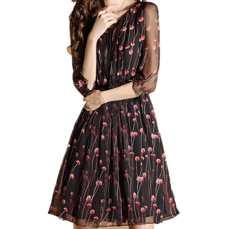 Fashion women dress ladies цветочные шифон vestidos симпатичные вишневый отпечатано v образным