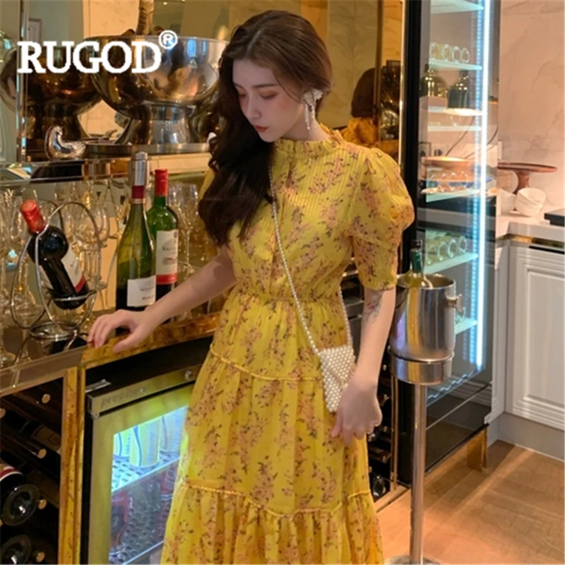 RUGOD женское длинное платье с цветочным принтом плиссированные оборки рукав