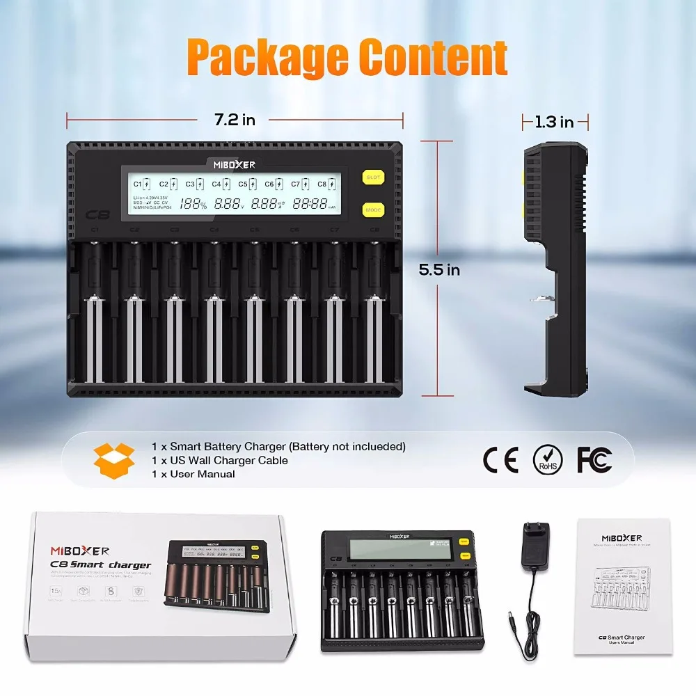 MiBOXER C4 C8 18650 зарядное устройство ЖК дисплей 1.5A для Li Ion LiFePO4 Ni MH Cd 21700 20700 26650 18350 17670