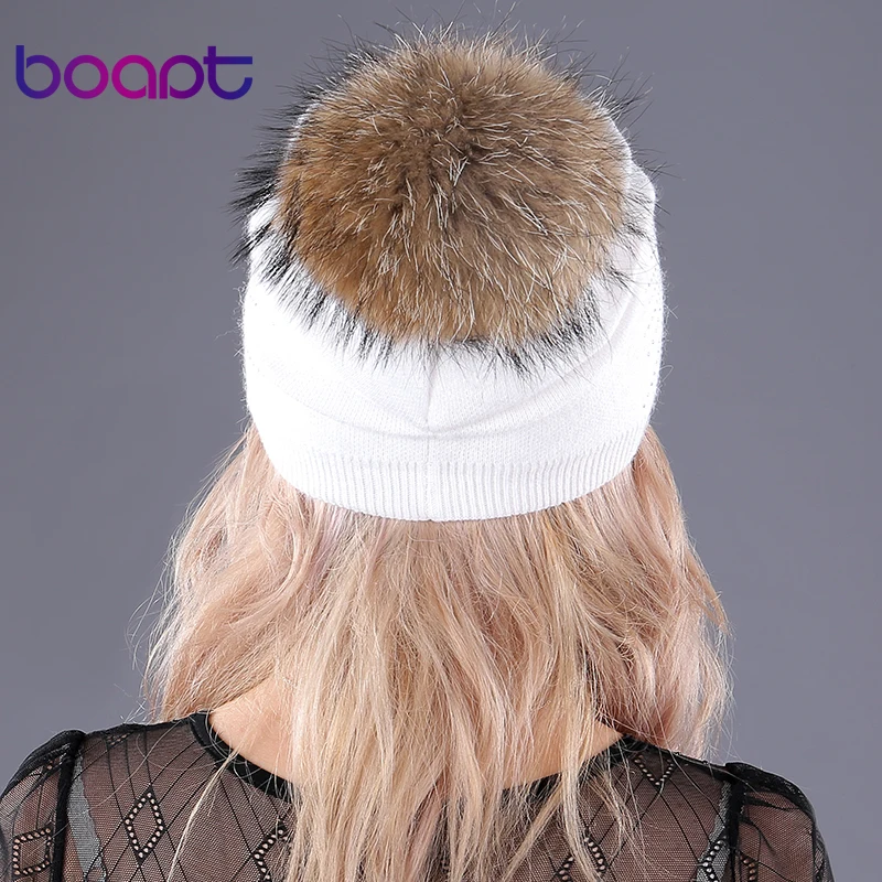 [boapt] заклепка мягкий шерсть вязание кепка натуральный енот мех помпон женский