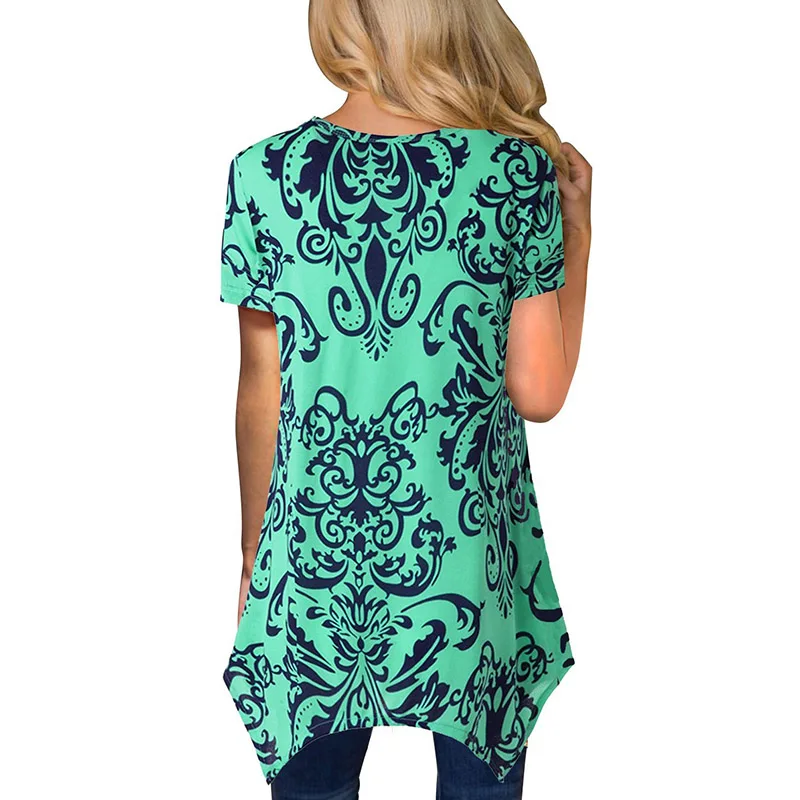 

ADEWEL Boho Floral Printed Women Blouse Irregular Hem O Neck Short Sleeve Summer Women Casual Loose Tops Long Shirt Ladies Tops