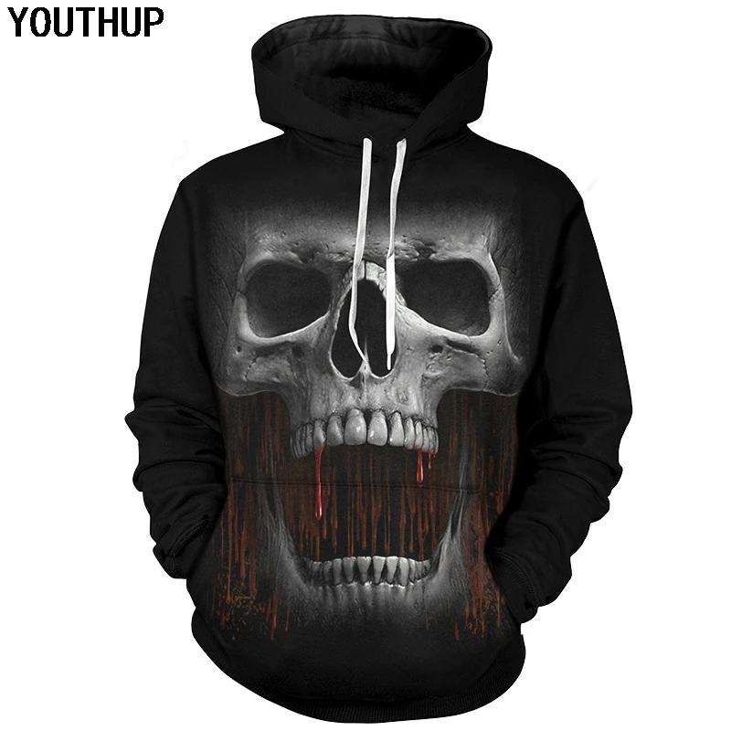 YOUTHUP осенние черные толстовки для мужчин 3d череп с капюшоном рисунком хип хоп