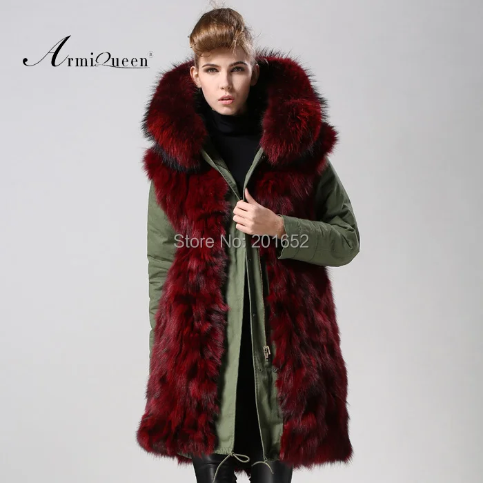 Фабричная продажа длинная парка со съемным бордовым мехом енота на капюшоне с