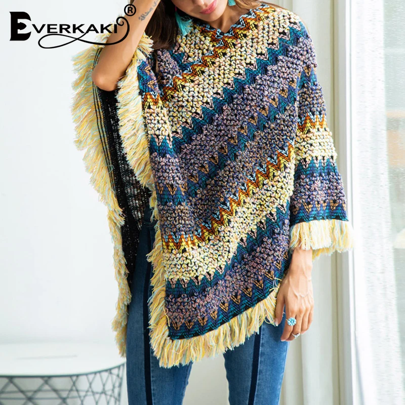 Everkaki Boho вязаный свитер с кисточками шаль женская накидка этнический толстый