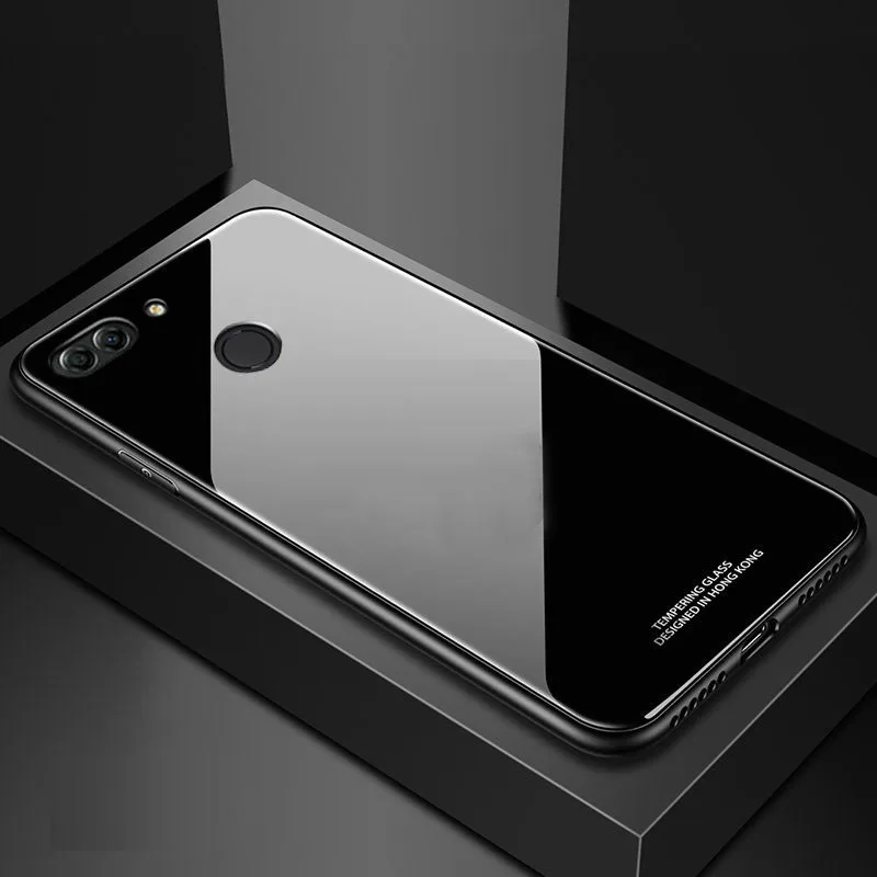 black Yuetuo Роскошный Жесткий стеклянный зеркальный чехол для huawei y5 y6 prime y9 y7 pro силиконовый чехол для телефона - Цвет: black
