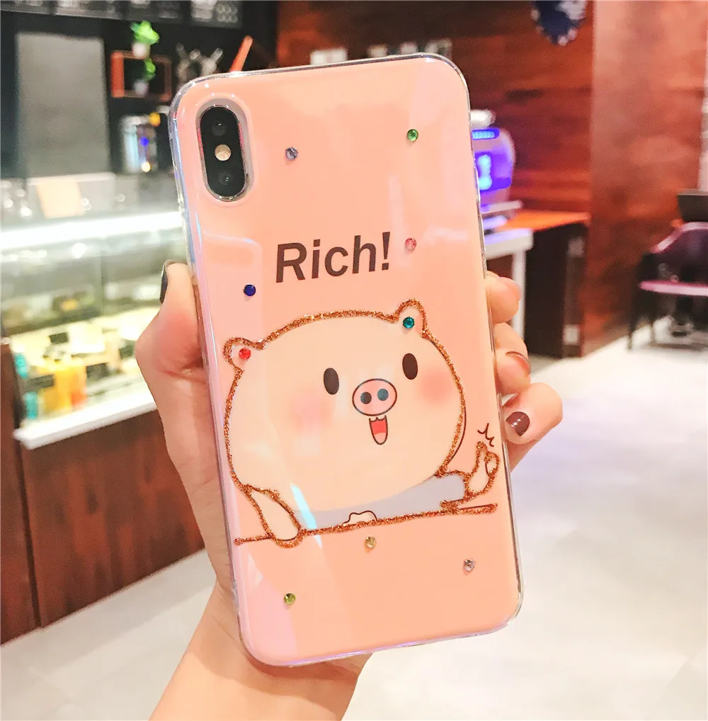 Rich pig cartoon cute glitter with drill phone cases for iphone 7plus/8plus/x/xs/xr/xs max case New couple |