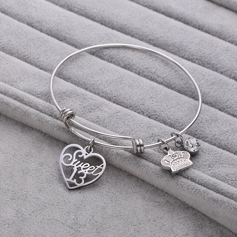Girls 13th Birthday Jewelry Gift Fashion Crown Heart Bangle with Birthstone Charm Bracelet Accessories | Украшения и аксессуары