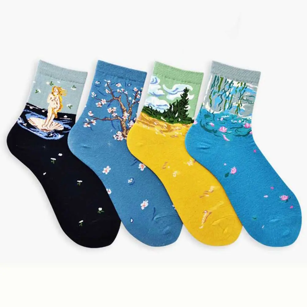 

New Arrival Van gogh Painting Scenery Funny Women Short Socks Ankle Breathable Art Painting Japan Style Cartoon Customized Sox